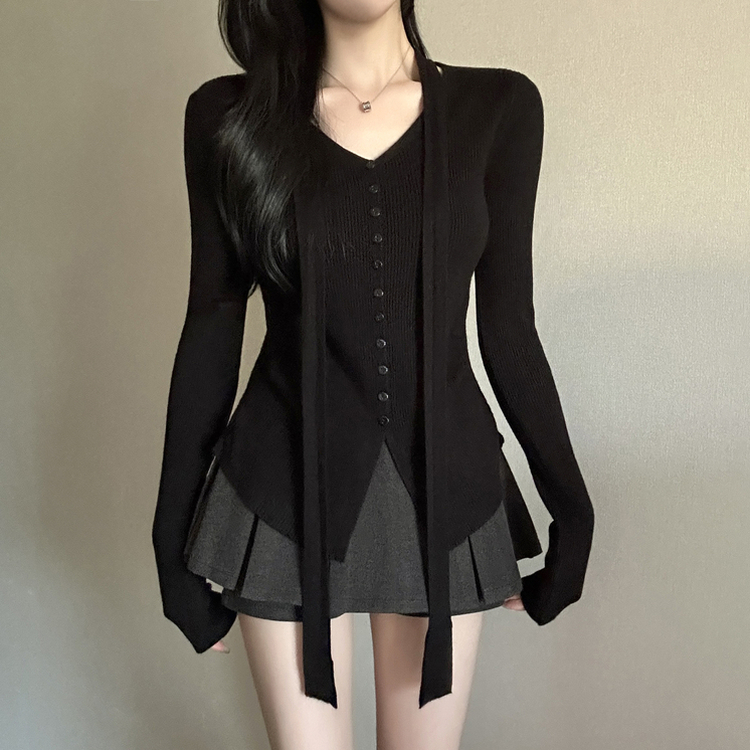 【タイ付き】シャーリングリブニットTシャツ BLACK