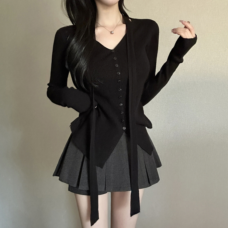 【タイ付き】シャーリングリブニットTシャツ BLACK