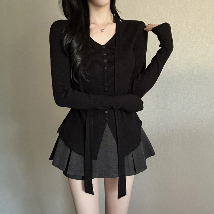 【タイ付き】シャーリングリブニットTシャツ BLACK