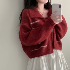 キャロルダイヤウールリボンボレロカーディガン RED