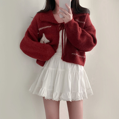 キャロルダイヤウールリボンボレロカーディガン RED