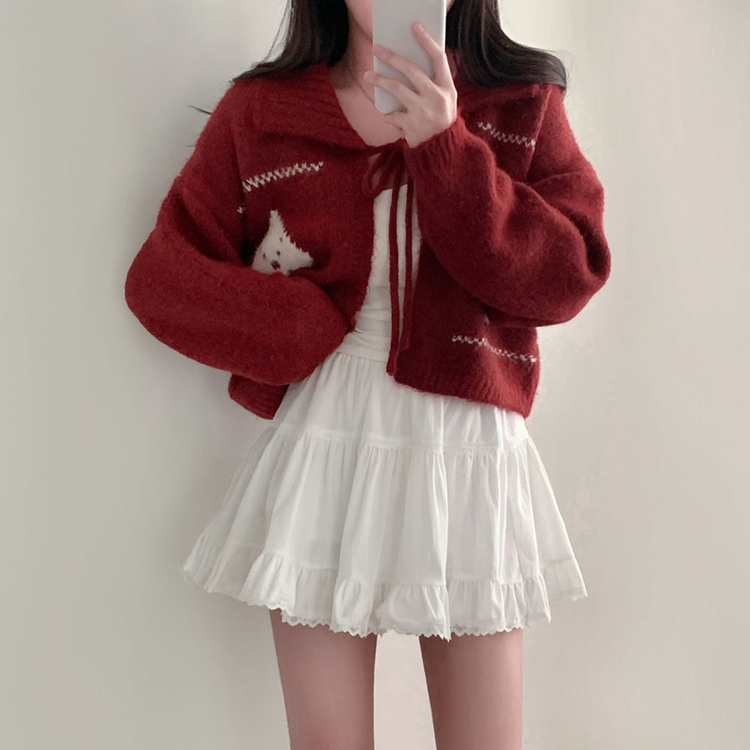 キャロルダイヤウールリボンボレロカーディガン RED