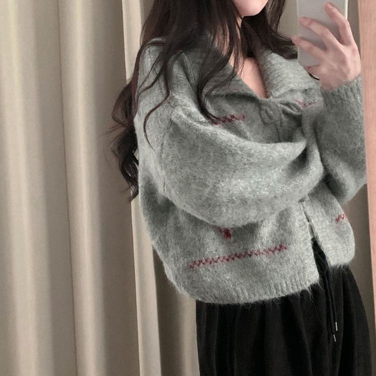 キャロルダイヤウールリボンボレロカーディガン GREY