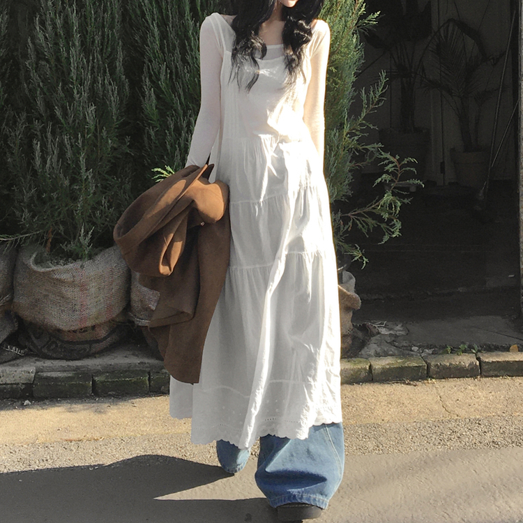 애나 핀턱 캉캉 레이어드 나시 롱 원피스 화이트