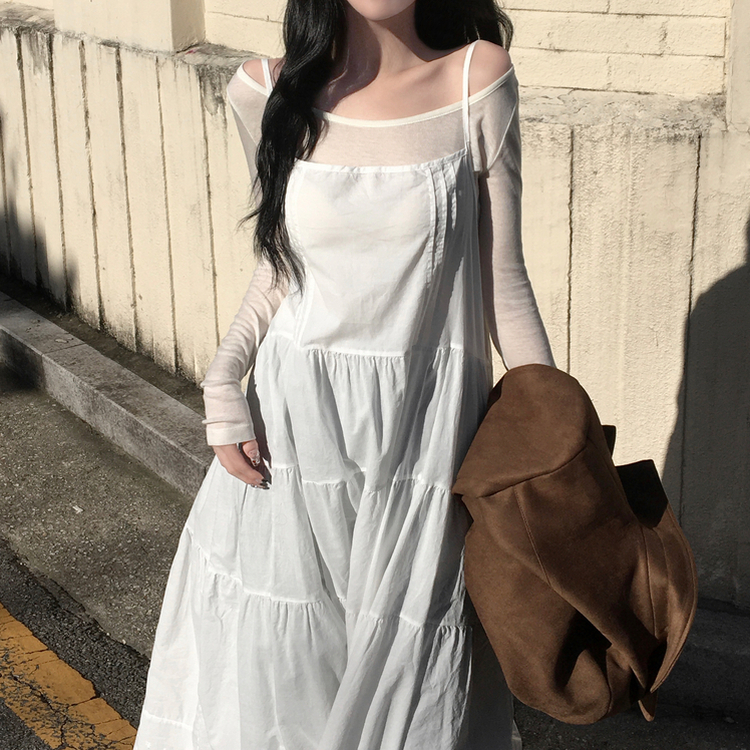 애나 핀턱 캉캉 레이어드 나시 롱 원피스 화이트