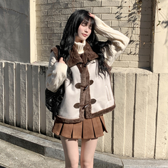 체스넛 스웨이드 퍼 하이넥 버클 떡볶이 무스탕 베스트 조끼 아이보리