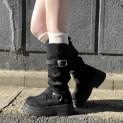 厚底スエードバックルロングブーツ BLACK