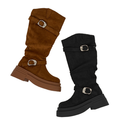 厚底スエードバックルロングブーツ