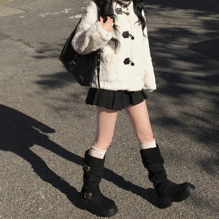 厚底スエードバックルロングブーツ BLACK