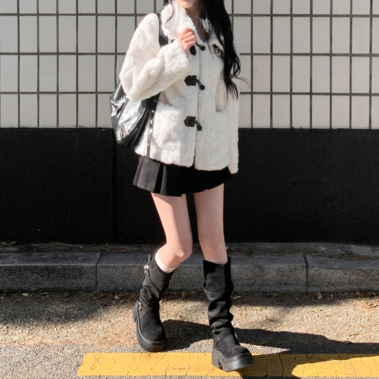 厚底スエードバックルロングブーツ BLACK