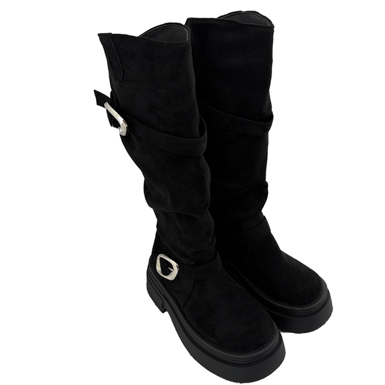 厚底スエードバックルロングブーツ
