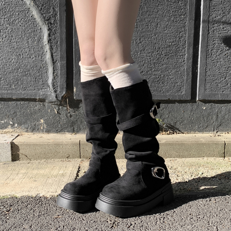 厚底スエードバックルロングブーツ BLACK