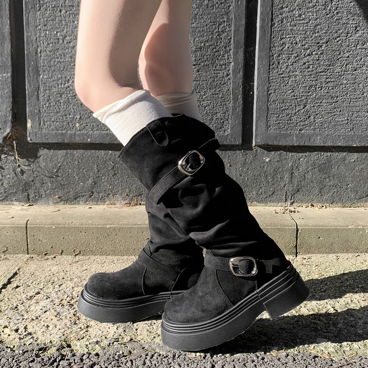 厚底スエードバックルロングブーツ BLACK