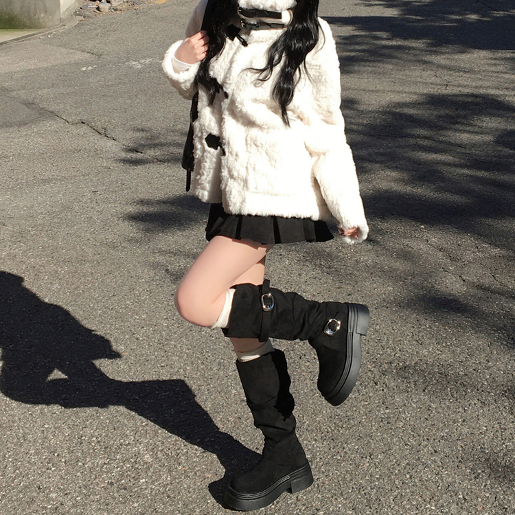 厚底スエードバックルロングブーツ BLACK