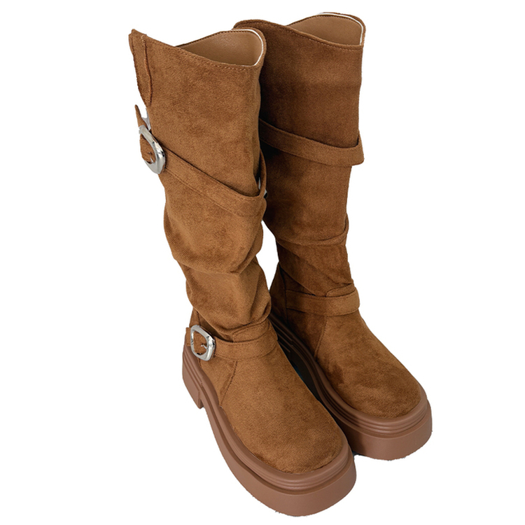 厚底スエードバックルロングブーツ