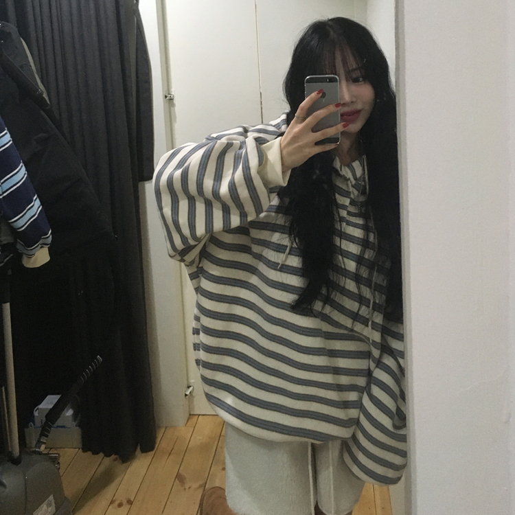 후드 스트라이프 루즈핏 긴팔 티셔츠 소라