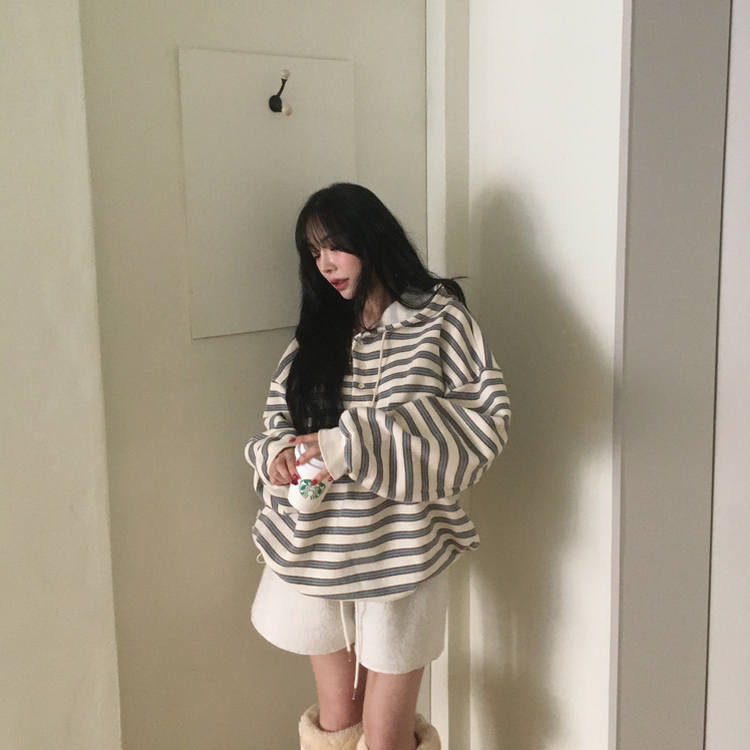 후드 스트라이프 루즈핏 긴팔 티셔츠 소라