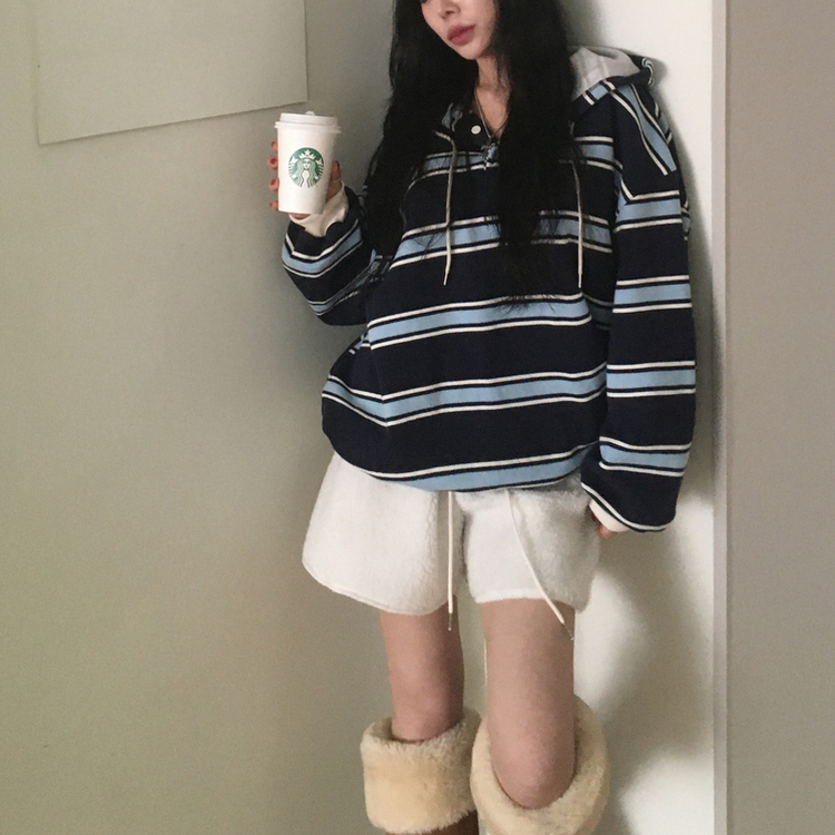 후드 스트라이프 루즈핏 긴팔 티셔츠 네이비