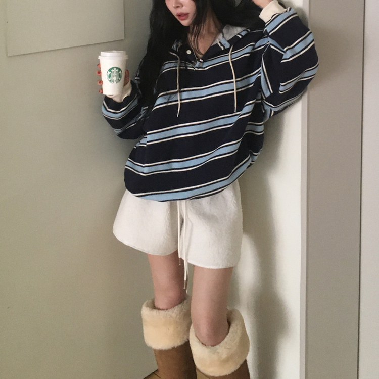 후드 스트라이프 루즈핏 긴팔 티셔츠 네이비