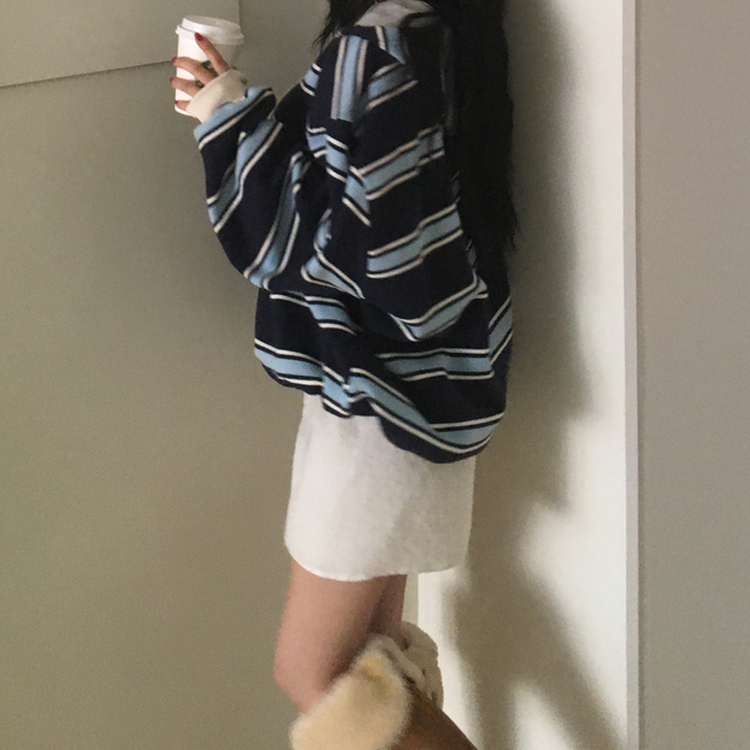 후드 스트라이프 루즈핏 긴팔 티셔츠 네이비