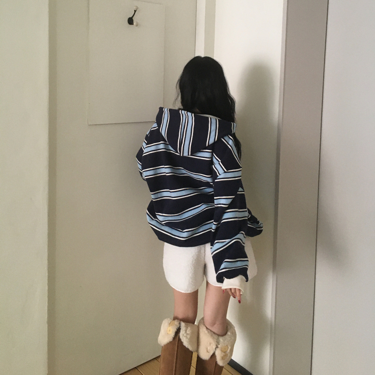 후드 스트라이프 루즈핏 긴팔 티셔츠 네이비