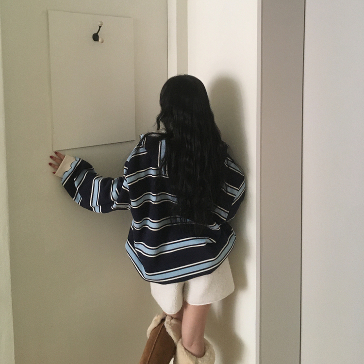 후드 스트라이프 루즈핏 긴팔 티셔츠 네이비