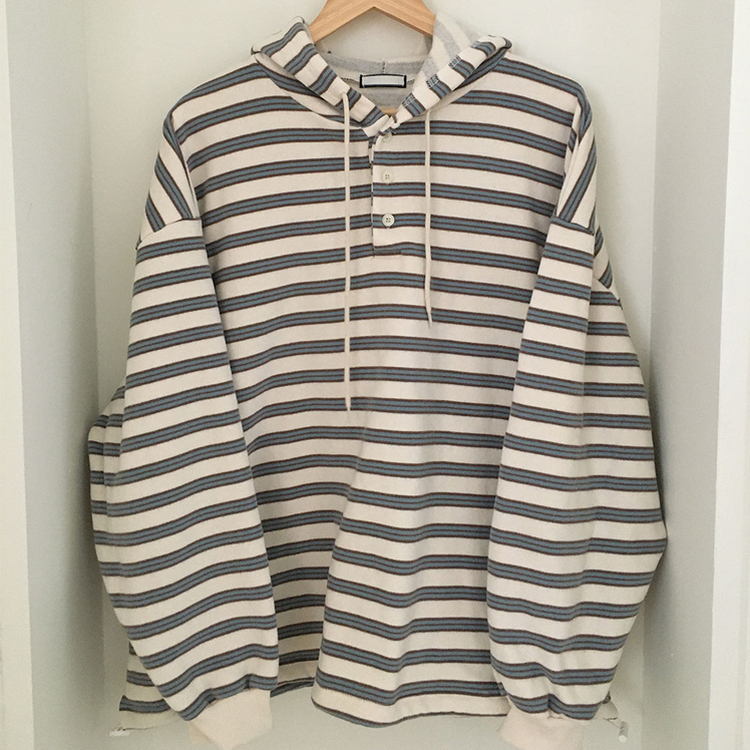 후드 스트라이프 루즈핏 긴팔 티셔츠