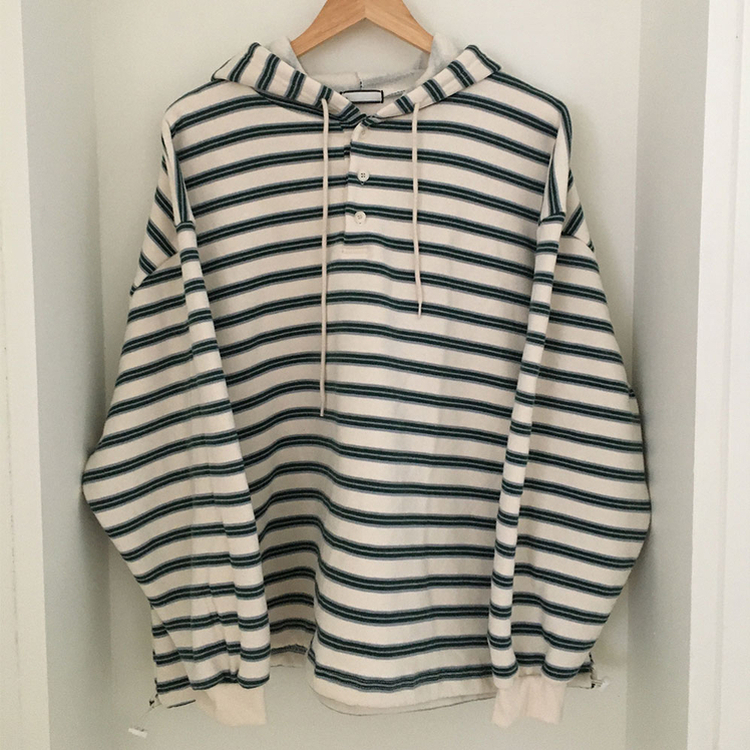 후드 스트라이프 루즈핏 긴팔 티셔츠