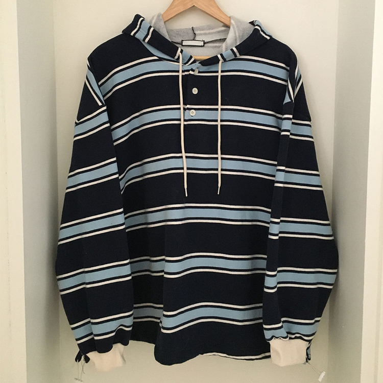 후드 스트라이프 루즈핏 긴팔 티셔츠