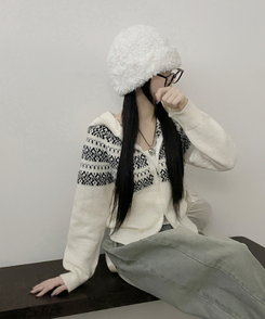 씨오노르딕패턴루즈핏니트투웨이후드집업 아이보리