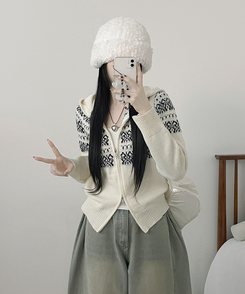 씨오노르딕패턴루즈핏니트투웨이후드집업 아이보리