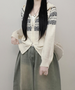 씨오노르딕패턴루즈핏니트투웨이후드집업 아이보리