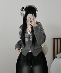 씨오노르딕패턴루즈핏니트투웨이후드집업 그레이