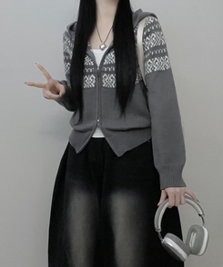 씨오노르딕패턴루즈핏니트투웨이후드집업 그레이