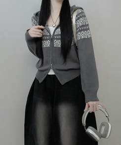 씨오노르딕패턴루즈핏니트투웨이후드집업 그레이