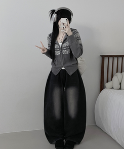 씨오노르딕패턴루즈핏니트투웨이후드집업 그레이