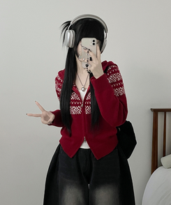 씨오노르딕패턴루즈핏니트투웨이후드집업 레드