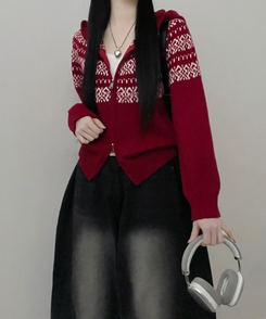 씨오노르딕패턴루즈핏니트투웨이후드집업 레드