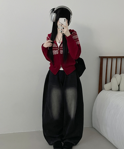 씨오노르딕패턴루즈핏니트투웨이후드집업 레드