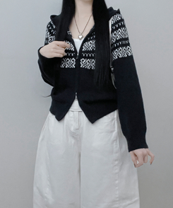 씨오노르딕패턴루즈핏니트투웨이후드집업 네이비