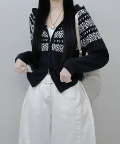 씨오노르딕패턴루즈핏니트투웨이후드집업 네이비