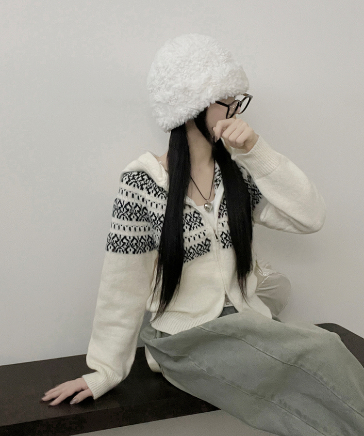 씨오노르딕패턴루즈핏니트투웨이후드집업 아이보리