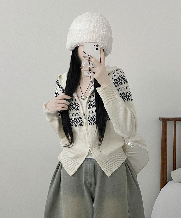 씨오노르딕패턴루즈핏니트투웨이후드집업 아이보리