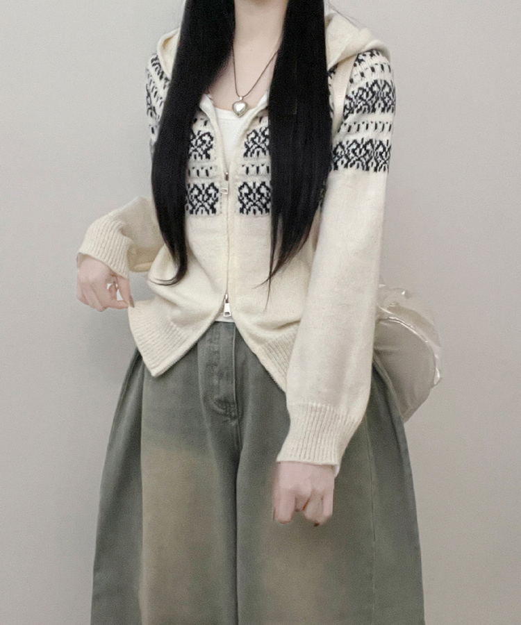 씨오노르딕패턴루즈핏니트투웨이후드집업 아이보리