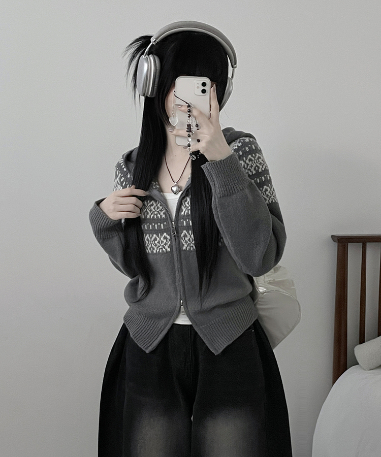 씨오노르딕패턴루즈핏니트투웨이후드집업 그레이