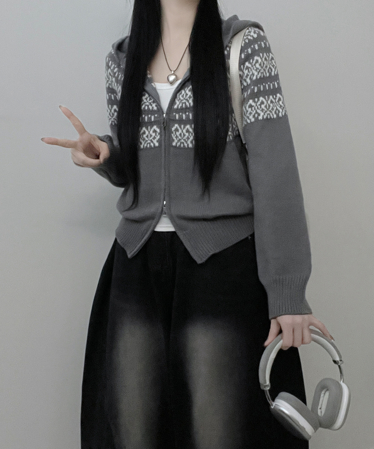 씨오노르딕패턴루즈핏니트투웨이후드집업 그레이