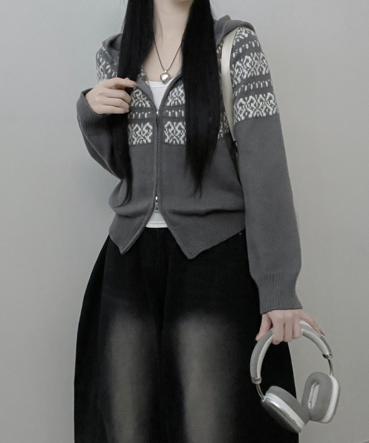 씨오노르딕패턴루즈핏니트투웨이후드집업 그레이