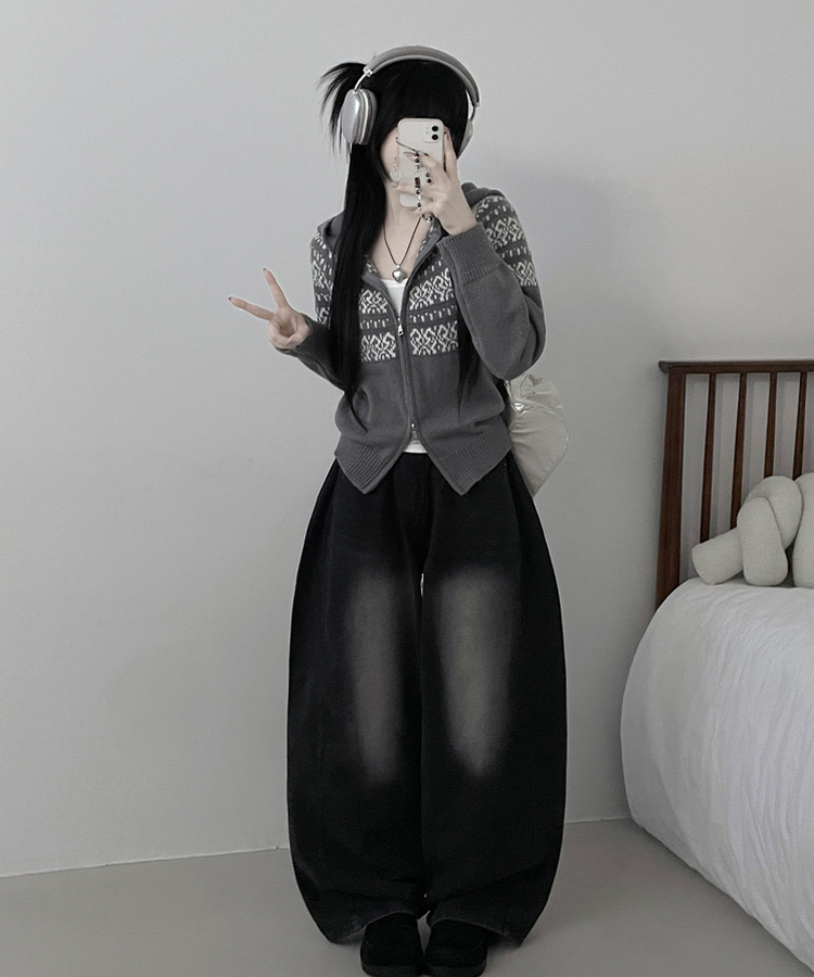 씨오노르딕패턴루즈핏니트투웨이후드집업 그레이