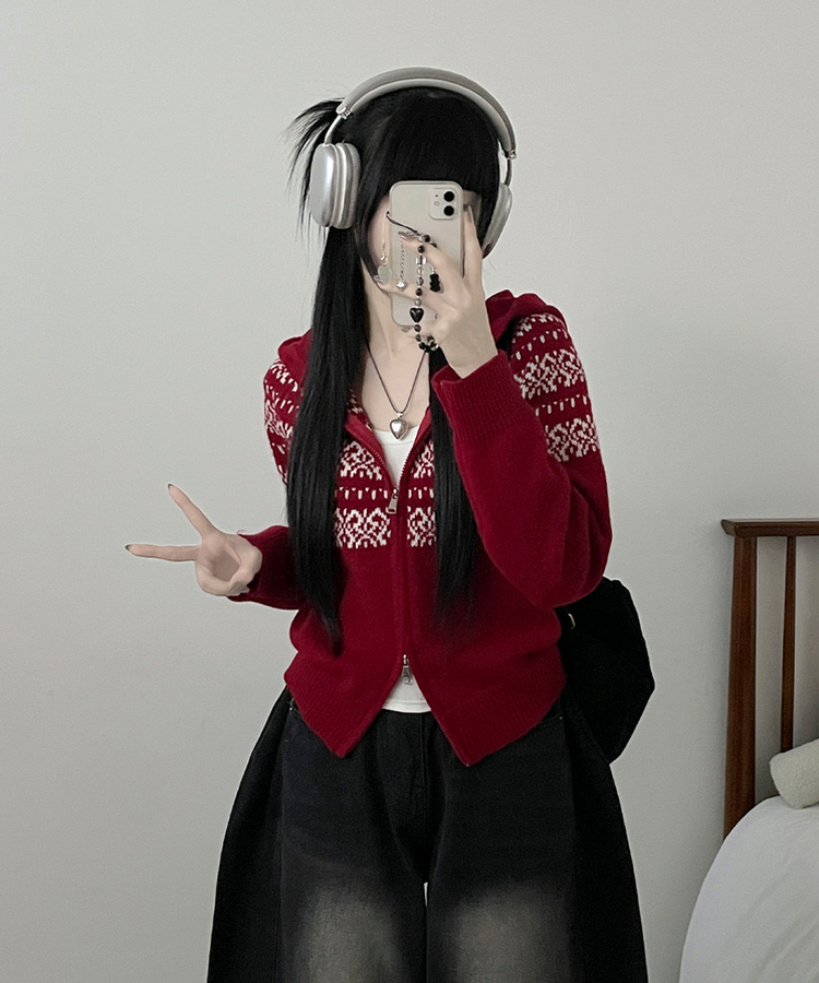 씨오노르딕패턴루즈핏니트투웨이후드집업 레드