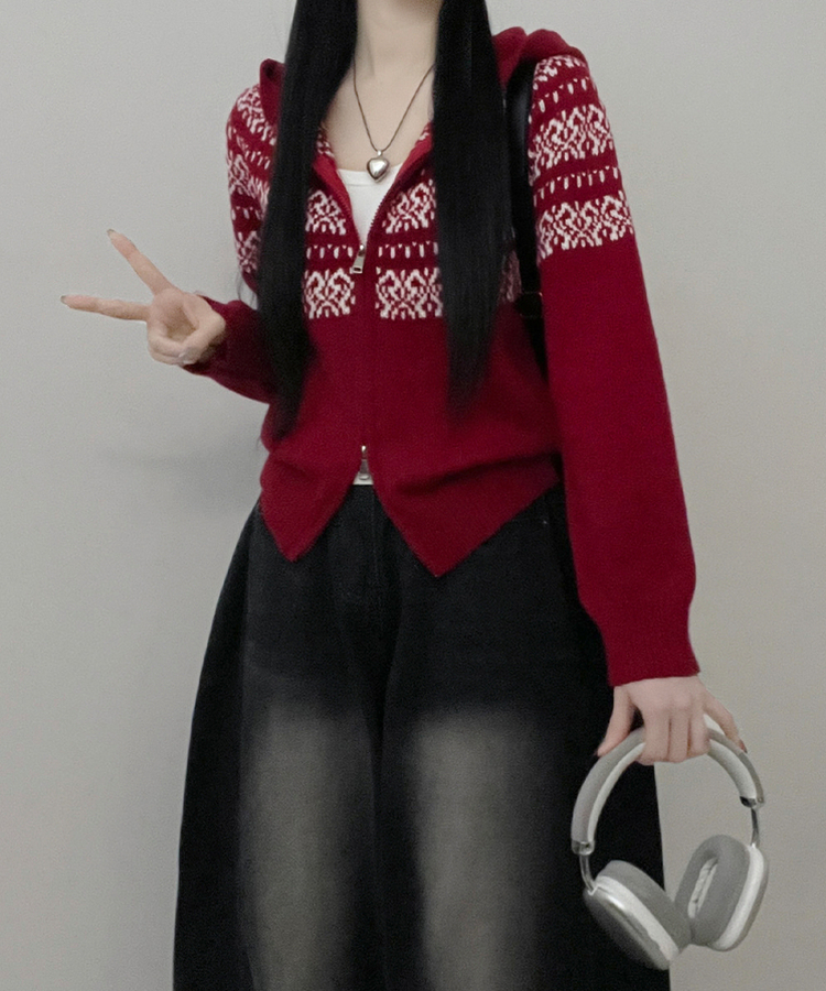 씨오노르딕패턴루즈핏니트투웨이후드집업 레드